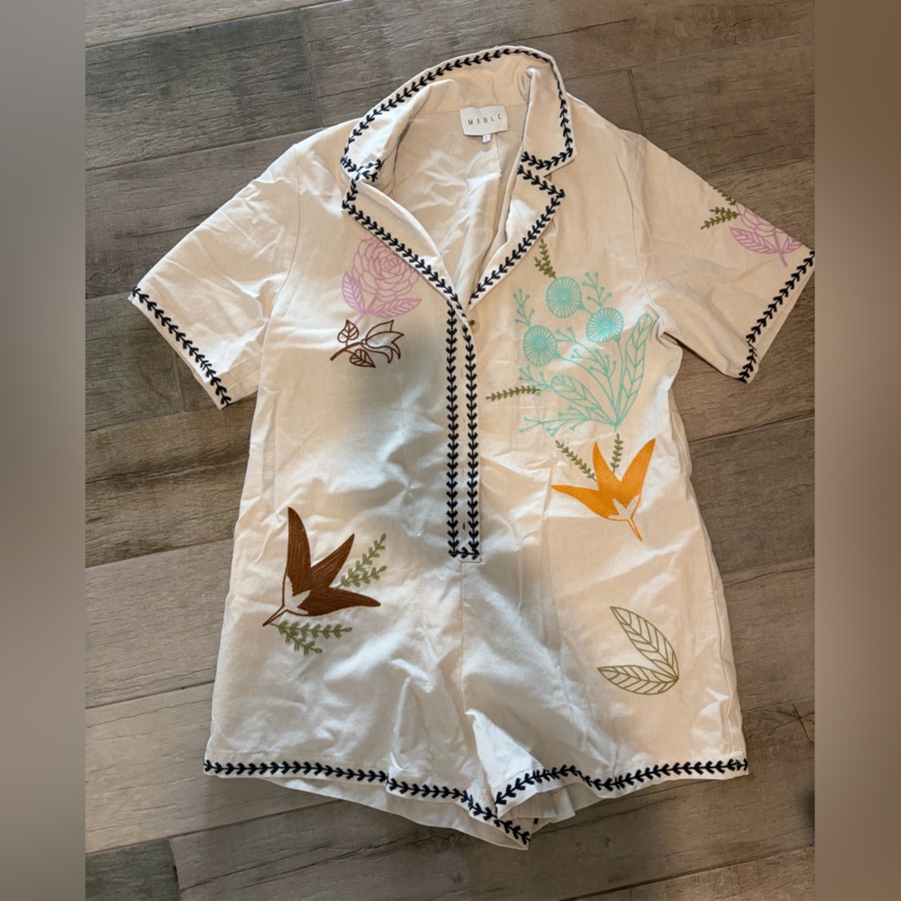 MABLE Cream Lightweight Romper with Navy Trim